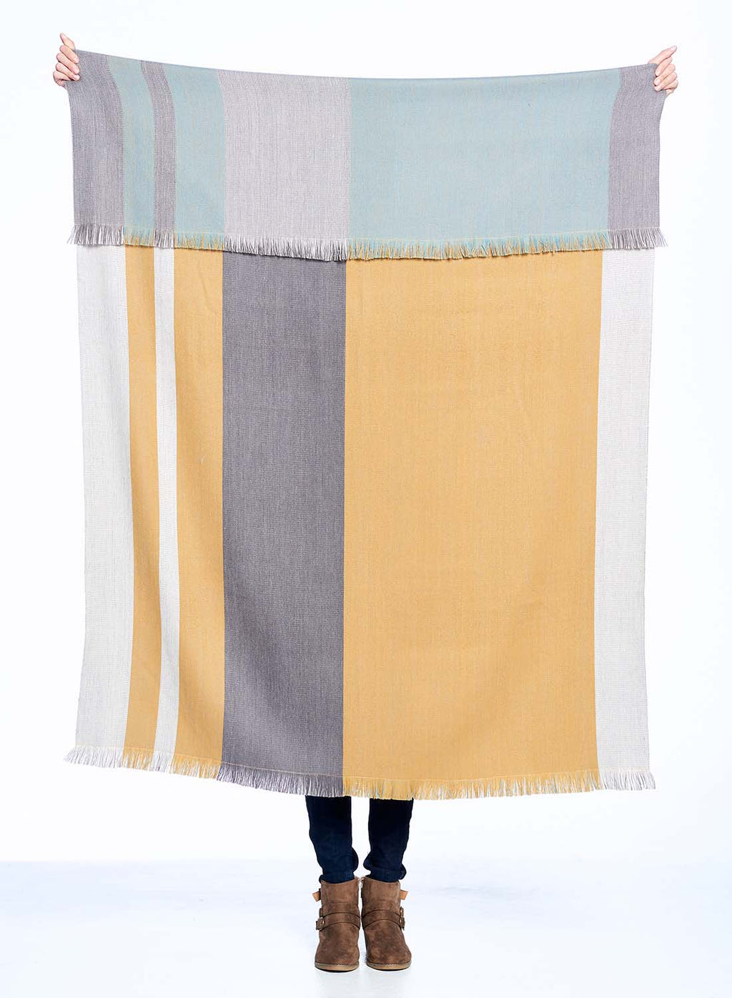 Mustard Weed alpaca reversible throw blanket with slate and pale aqua, Shupaca