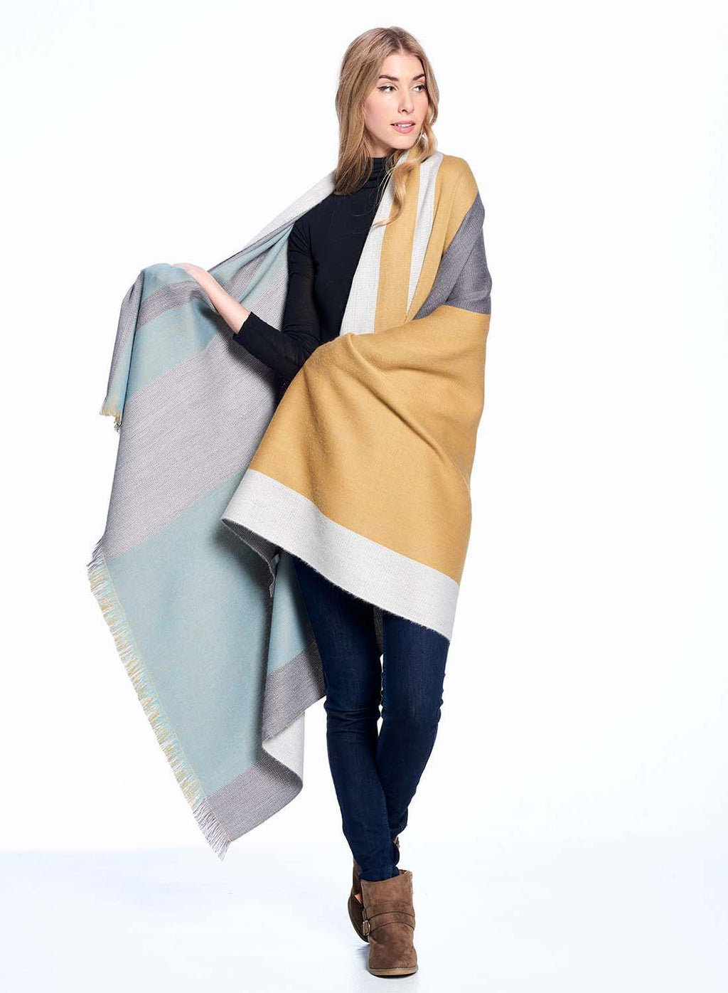 Mustard Weed alpaca reversible throw blanket with slate and pale aqua, Shupaca