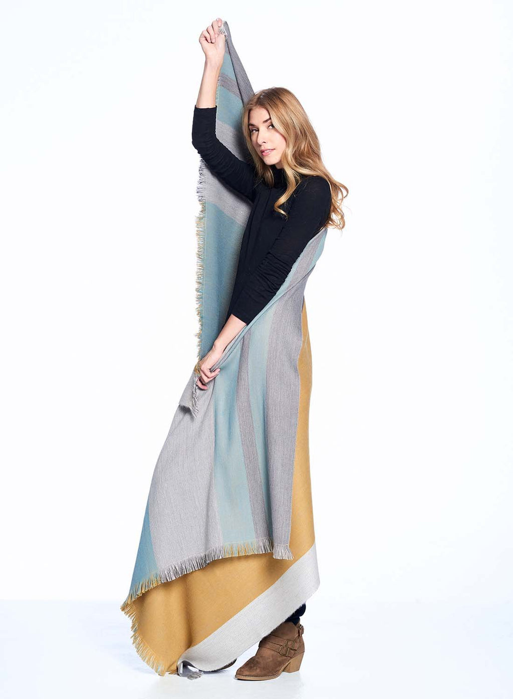 Mustard Weed alpaca reversible throw blanket with slate and pale aqua, Shupaca