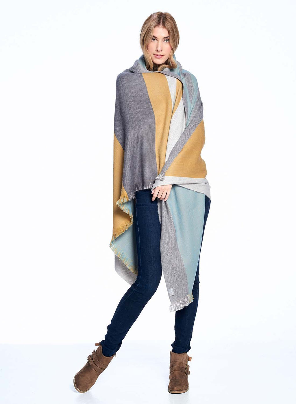 Mustard Weed alpaca reversible throw blanket with slate and pale aqua, Shupaca