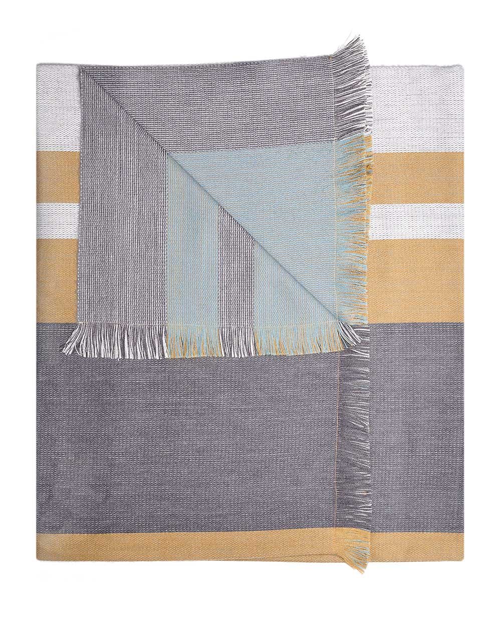 Mustard Weed alpaca reversible throw blanket with slate and pale aqua, Shupaca