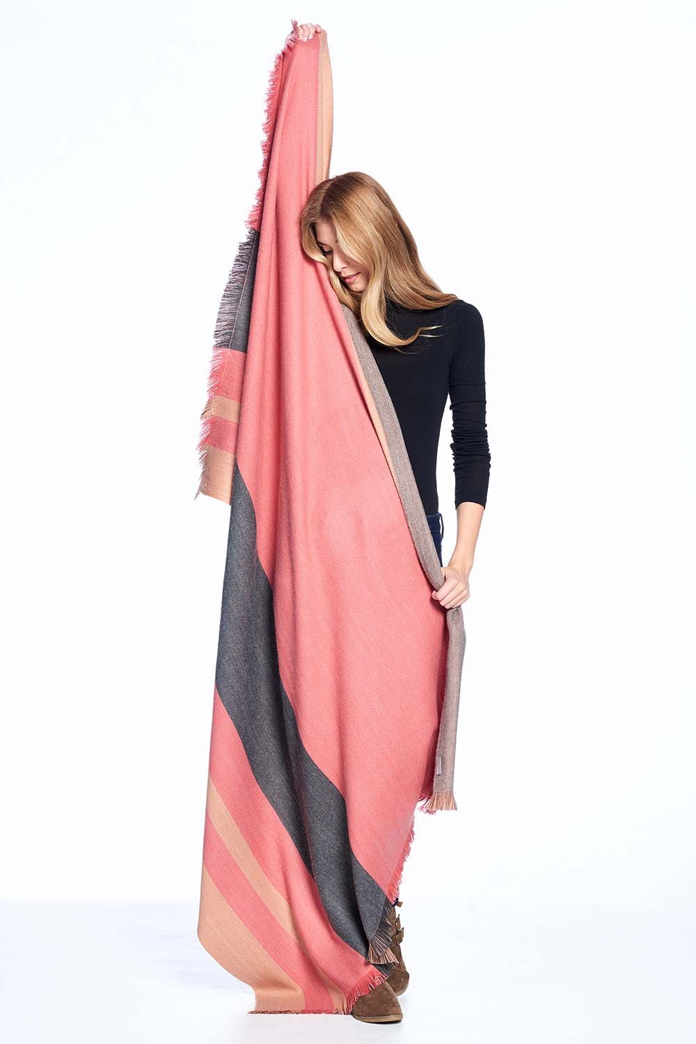 Peach Bloom alpaca reversible throw blanket with coral and taupe, Shupaca