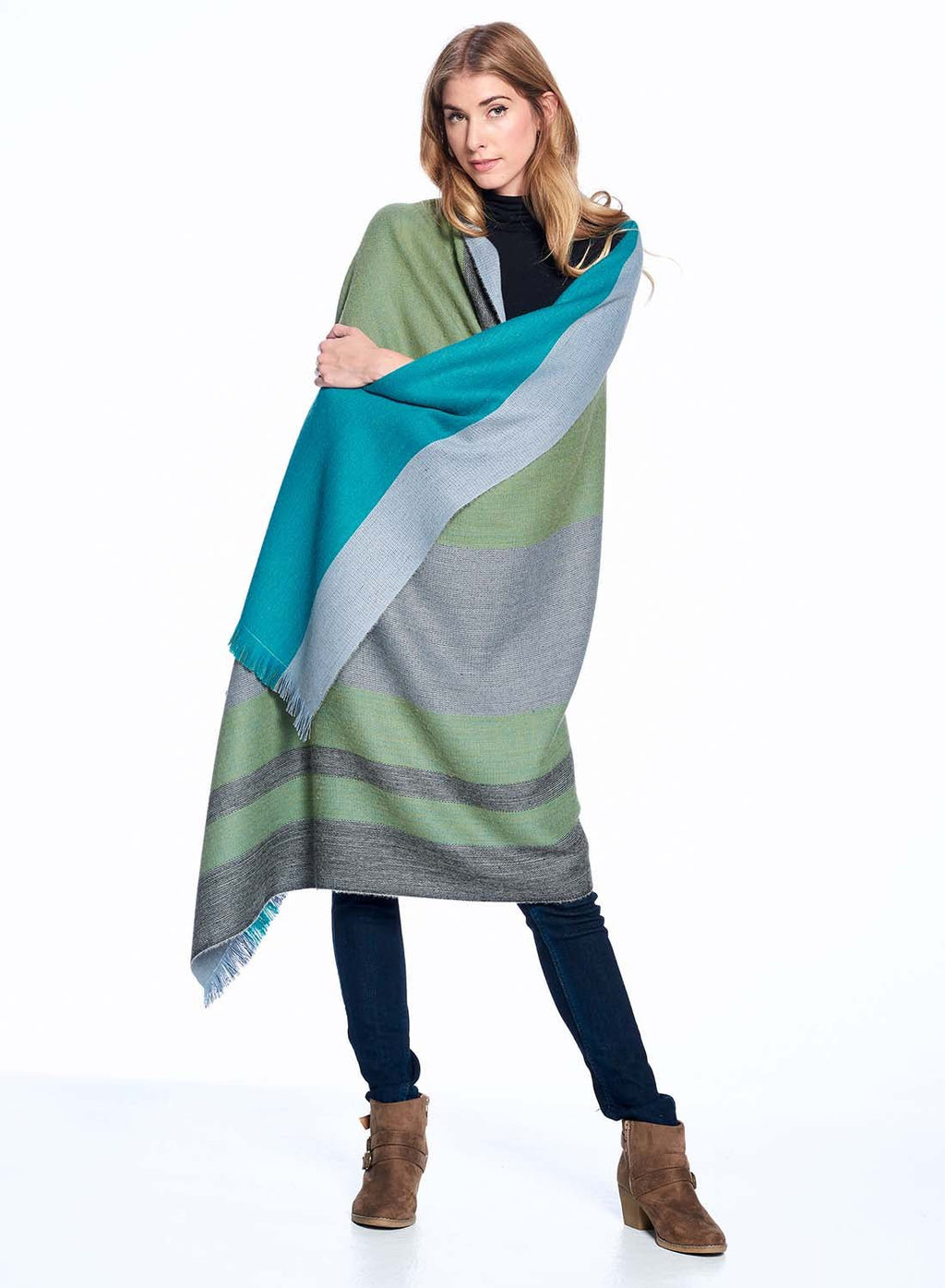 Sage alpaca reversible throw blanket in Weeping Willow with moss green and charcoal, Shupaca