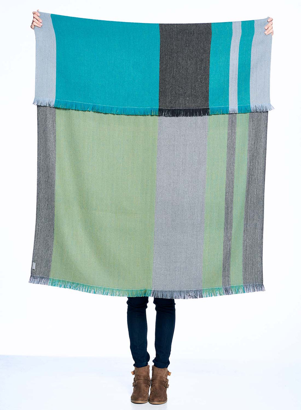 Sage alpaca reversible throw blanket in Weeping Willow with moss green and charcoal, Shupaca