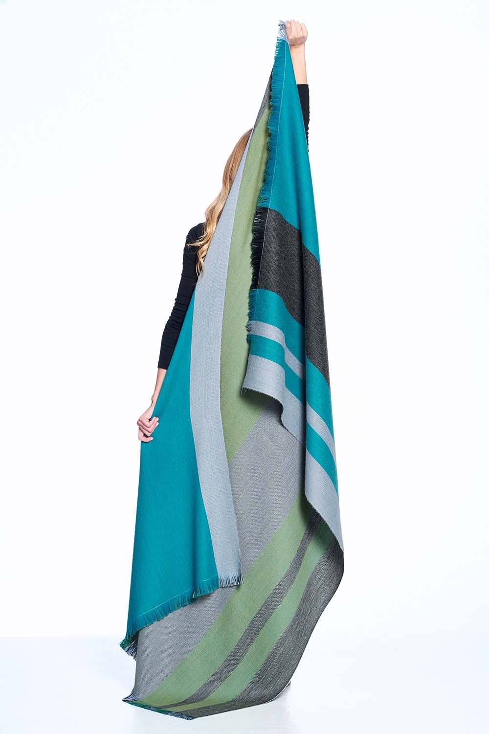 Sage alpaca reversible throw blanket in Weeping Willow with moss green and charcoal, Shupaca