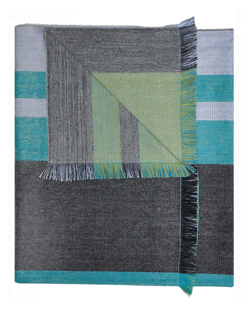 Sage alpaca reversible throw blanket in Weeping Willow with moss green and charcoal, Shupaca
