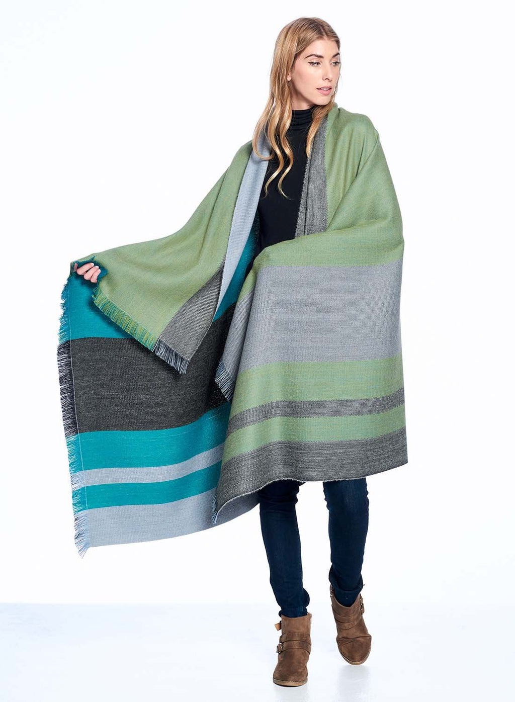 Sage alpaca reversible throw blanket in Weeping Willow with moss green and charcoal, Shupaca