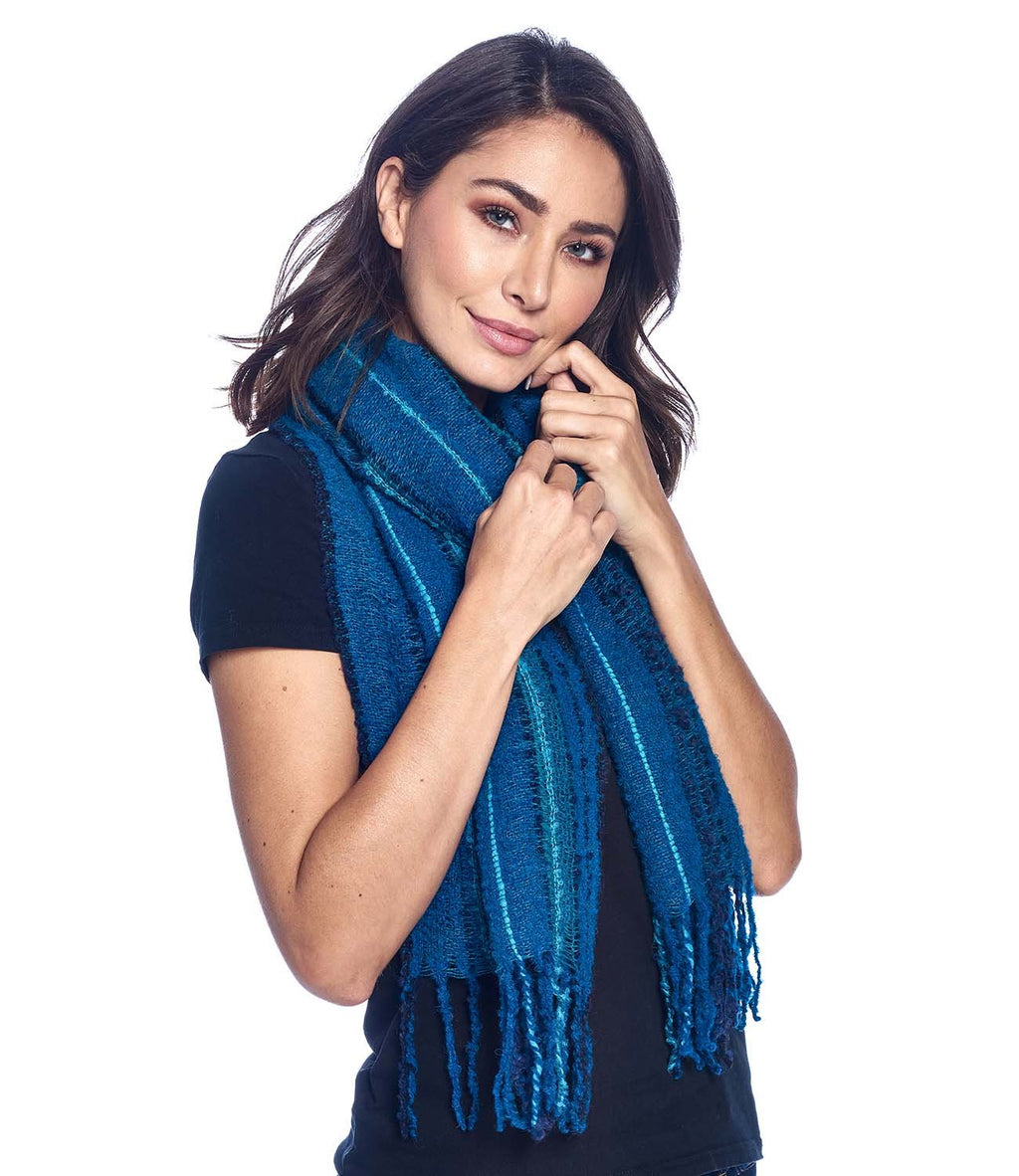 Deep Sea alpaca scarf with deep navy and aqua bouclé, Shupaca