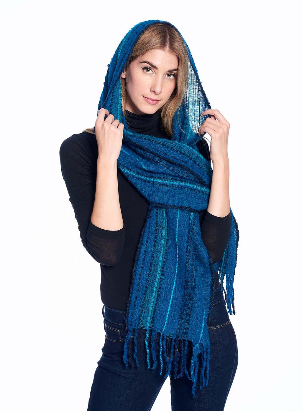 Deep Sea alpaca scarf with deep navy and aqua bouclé, Shupaca