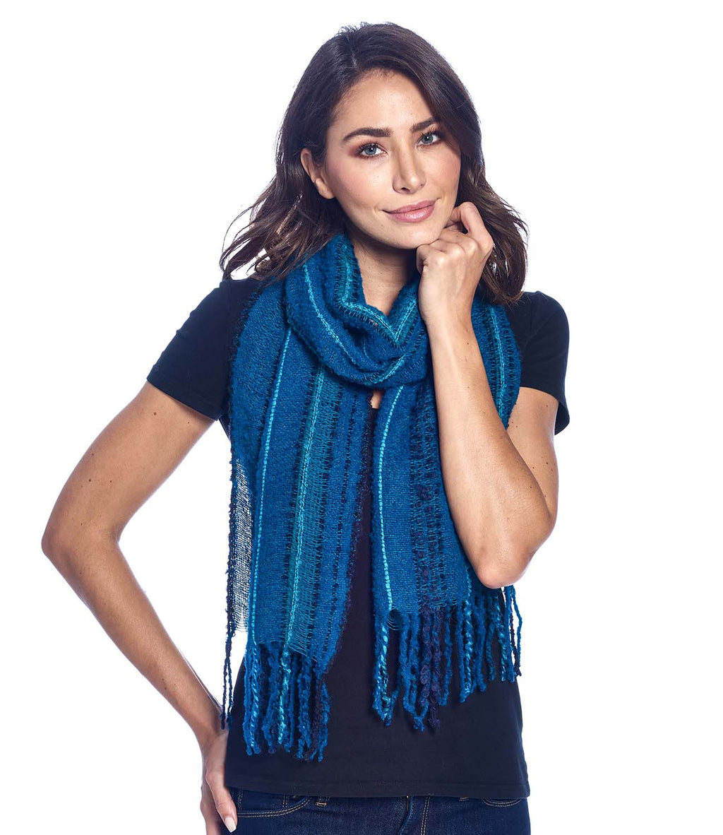 Deep Sea alpaca scarf with deep navy and aqua bouclé, Shupaca