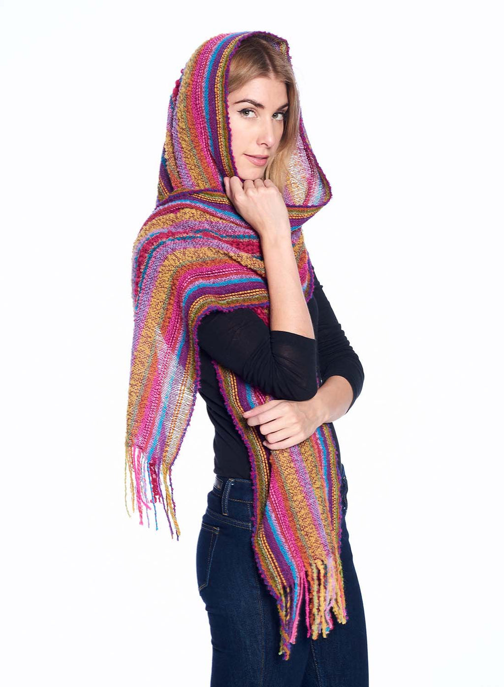 Pink alpaca scarf in Fiesta with gold and turquoise bouclé, Shupaca