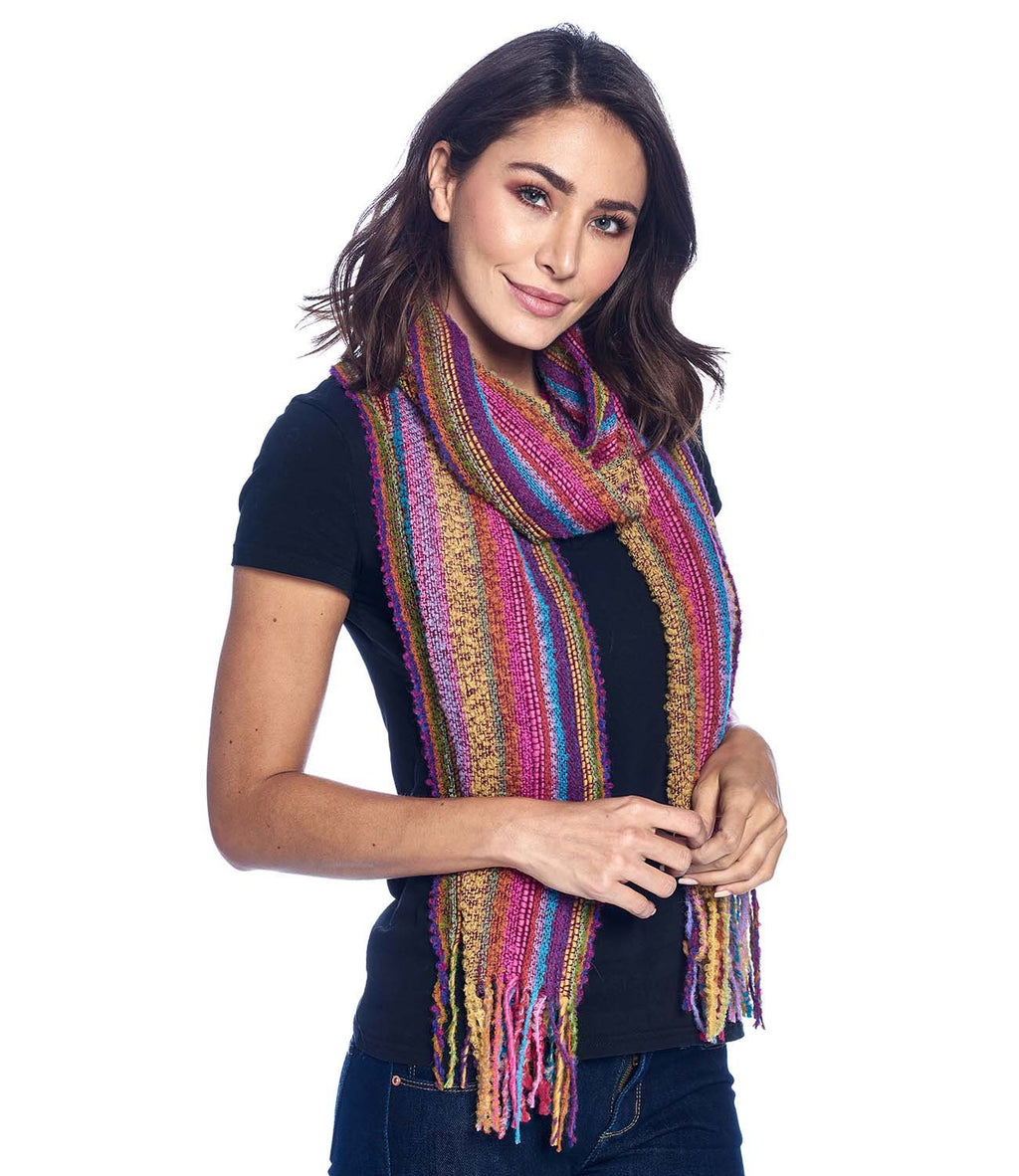 Pink alpaca scarf in Fiesta with gold and turquoise bouclé, Shupaca