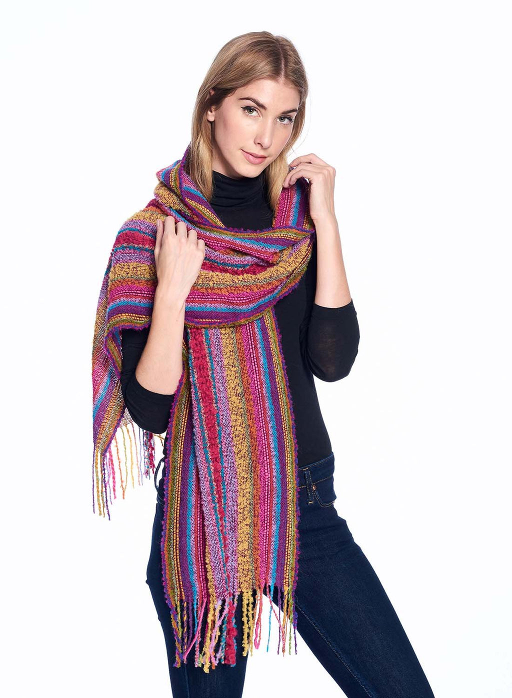 Pink alpaca scarf in Fiesta with gold and turquoise bouclé, Shupaca