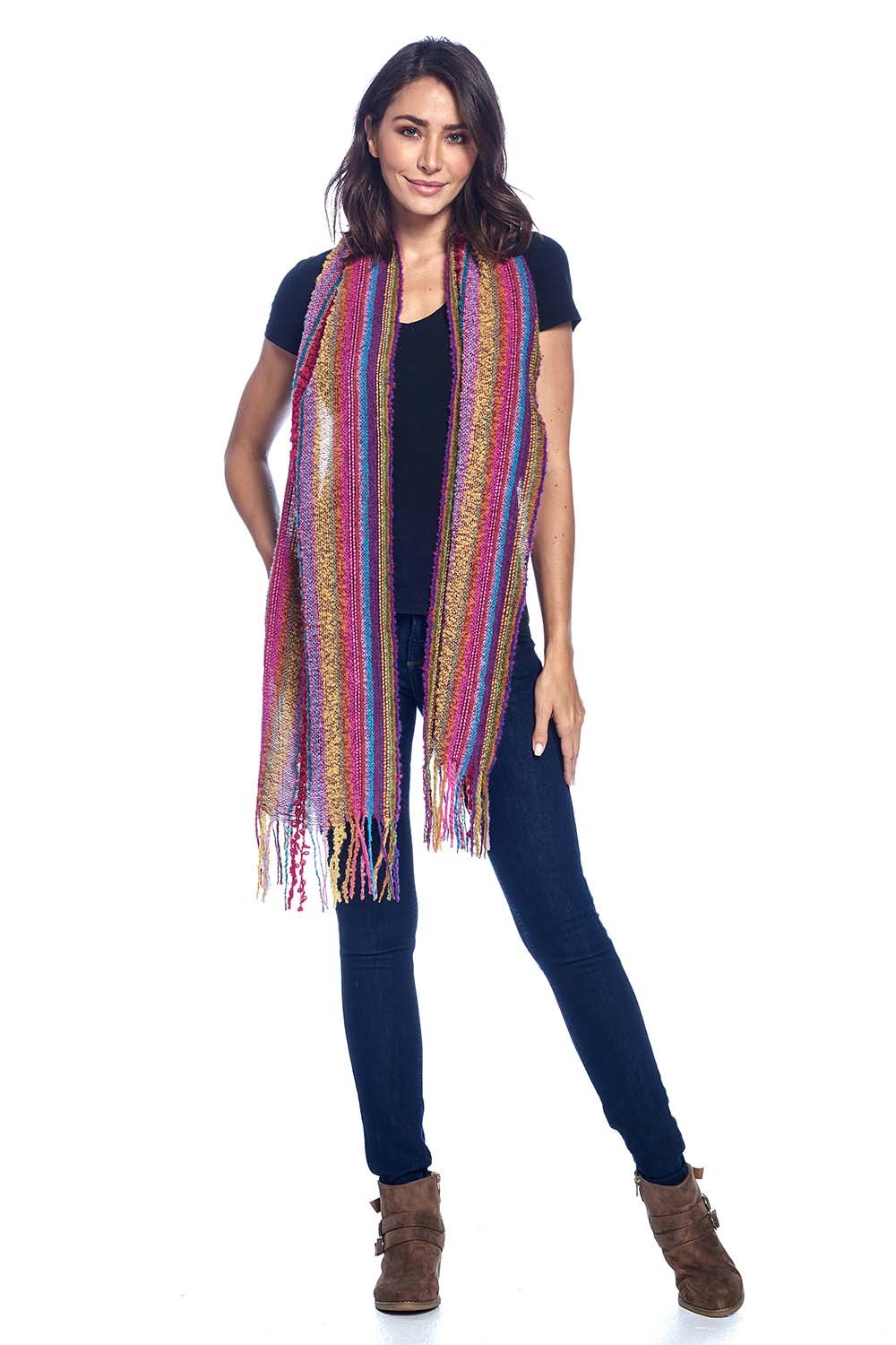 Pink alpaca scarf in Fiesta with gold and turquoise bouclé, Shupaca