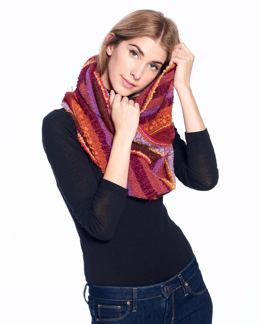 Rust alpaca infinity scarf in Autumn with chestnut and ochre bouclé, Shupaca