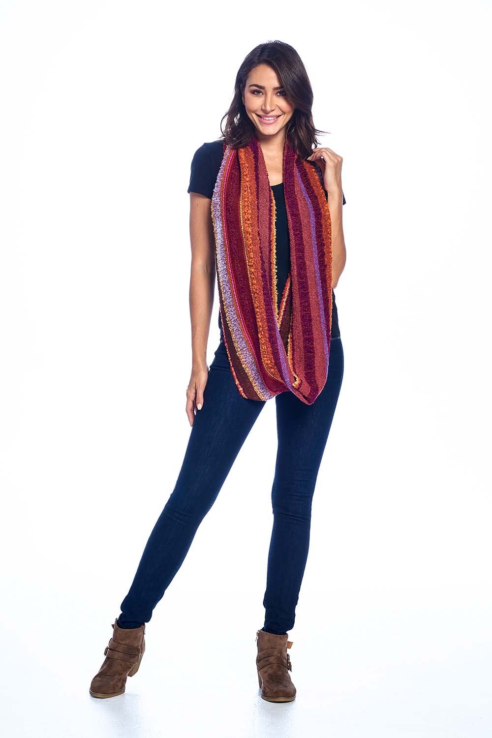 Rust alpaca infinity scarf in Autumn with chestnut and ochre bouclé, Shupaca