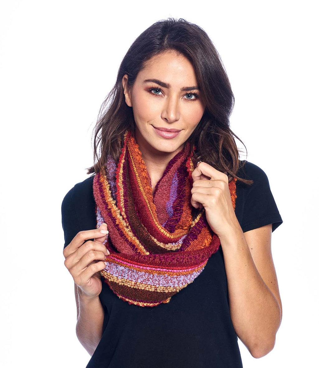 Rust alpaca infinity scarf in Autumn with chestnut and ochre bouclé, Shupaca