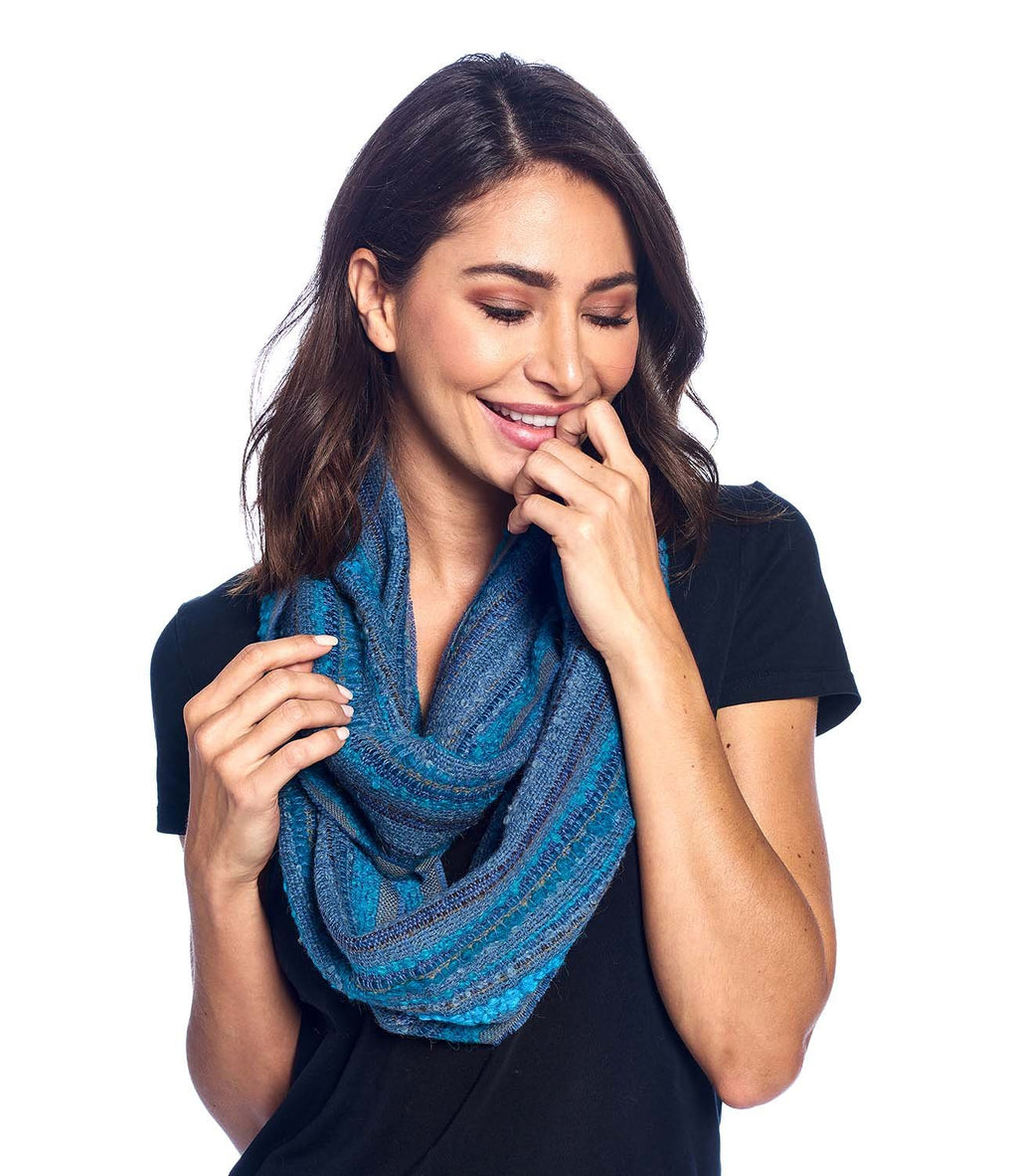 Capri Blue alpaca infinity scarf with ocean teal and sky blue bouclé, Shupaca