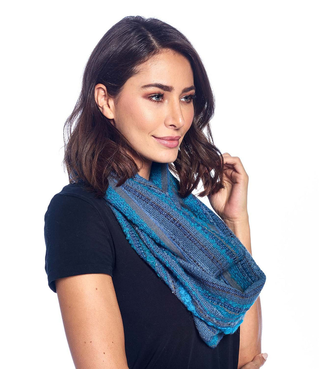 Capri Blue alpaca infinity scarf with ocean teal and sky blue bouclé, Shupaca