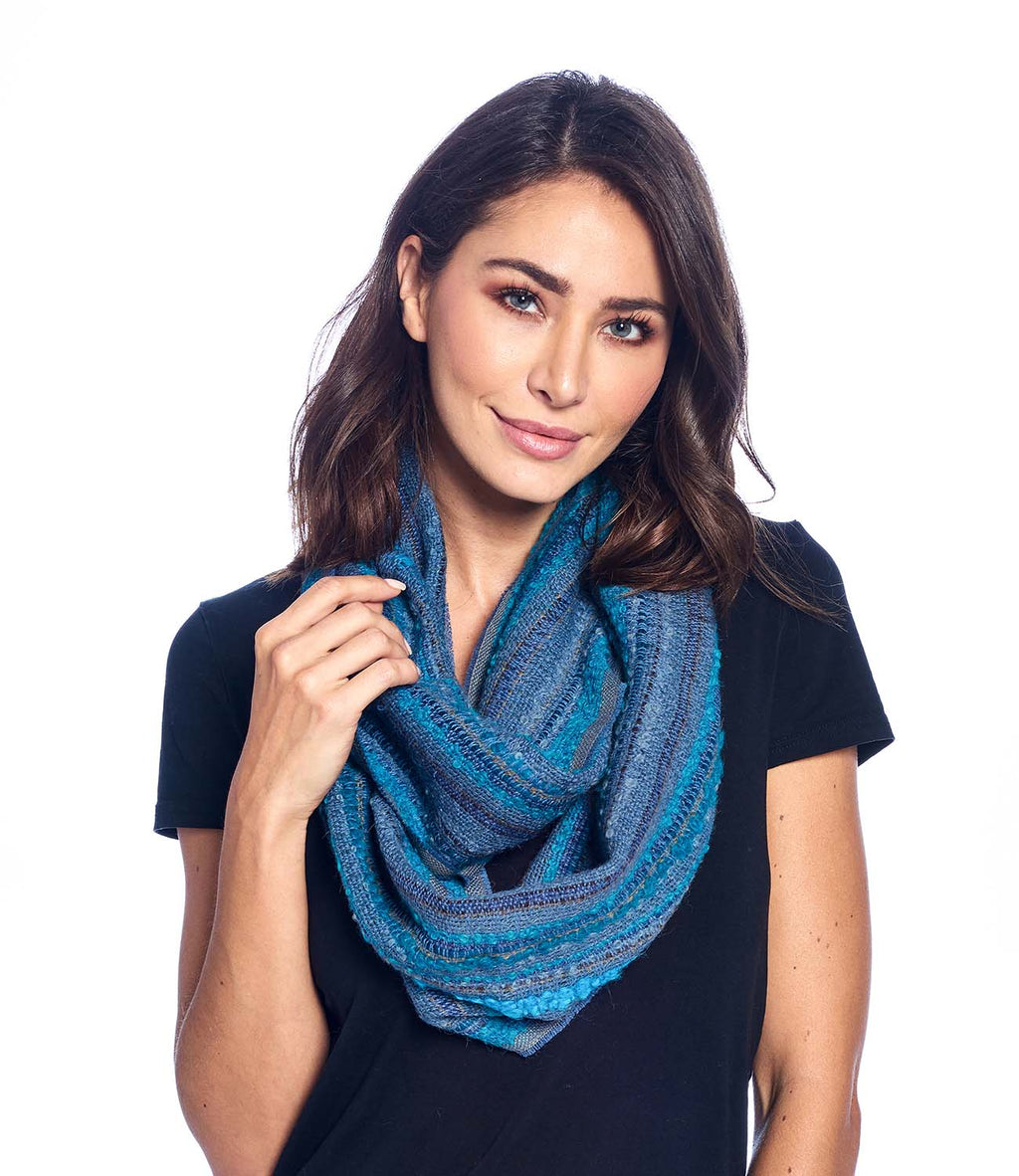 Capri Blue alpaca infinity scarf with ocean teal and sky blue bouclé, Shupaca