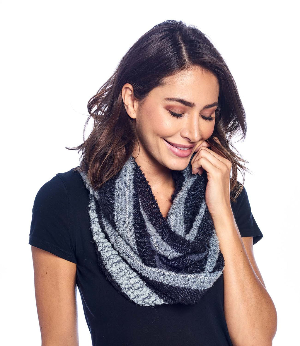 Charcoal alpaca infinity scarf with steel grey and ash bouclé, Shupaca