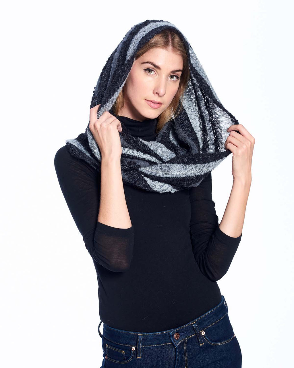 Charcoal alpaca infinity scarf with steel grey and ash bouclé, Shupaca