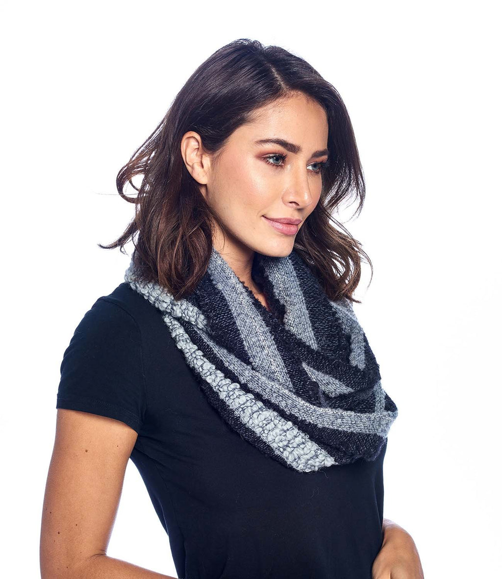 Charcoal alpaca infinity scarf with steel grey and ash bouclé, Shupaca