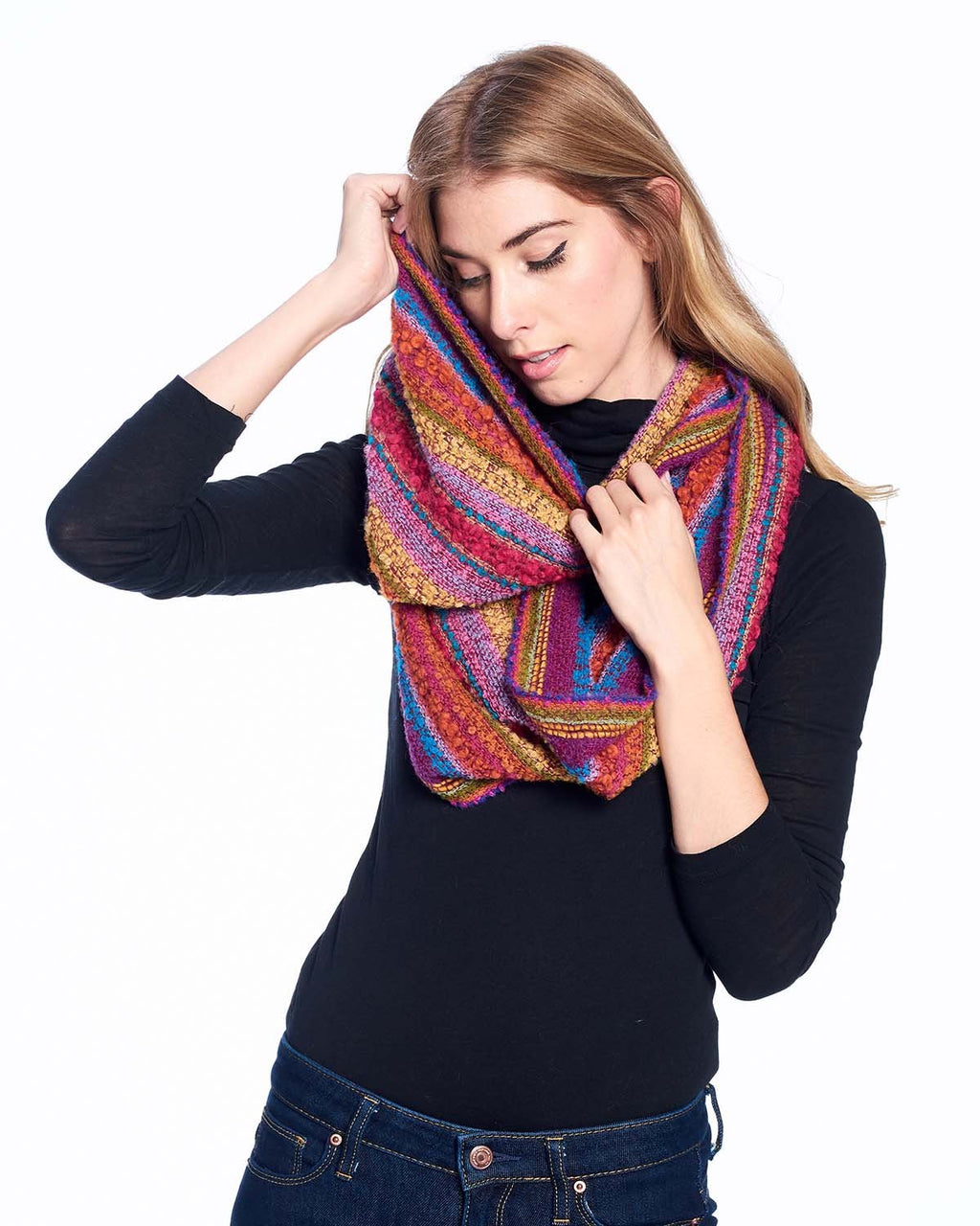 Pink alpaca infinity scarf in Fiesta with purple and gold bouclé, Shupaca