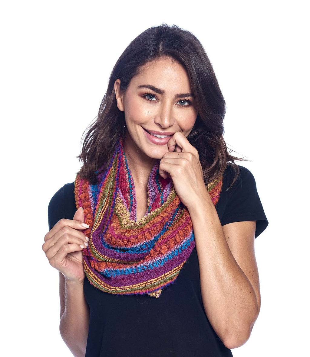 Pink alpaca infinity scarf in Fiesta with purple and gold bouclé, Shupaca