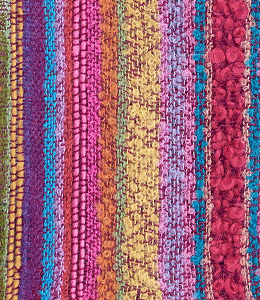 Pink alpaca infinity scarf in Fiesta with purple and gold bouclé, Shupaca
