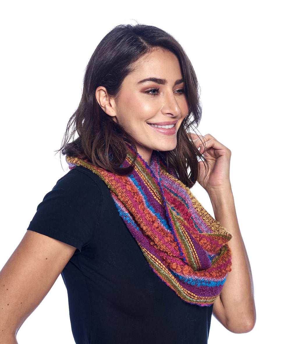 Pink alpaca infinity scarf in Fiesta with purple and gold bouclé, Shupaca