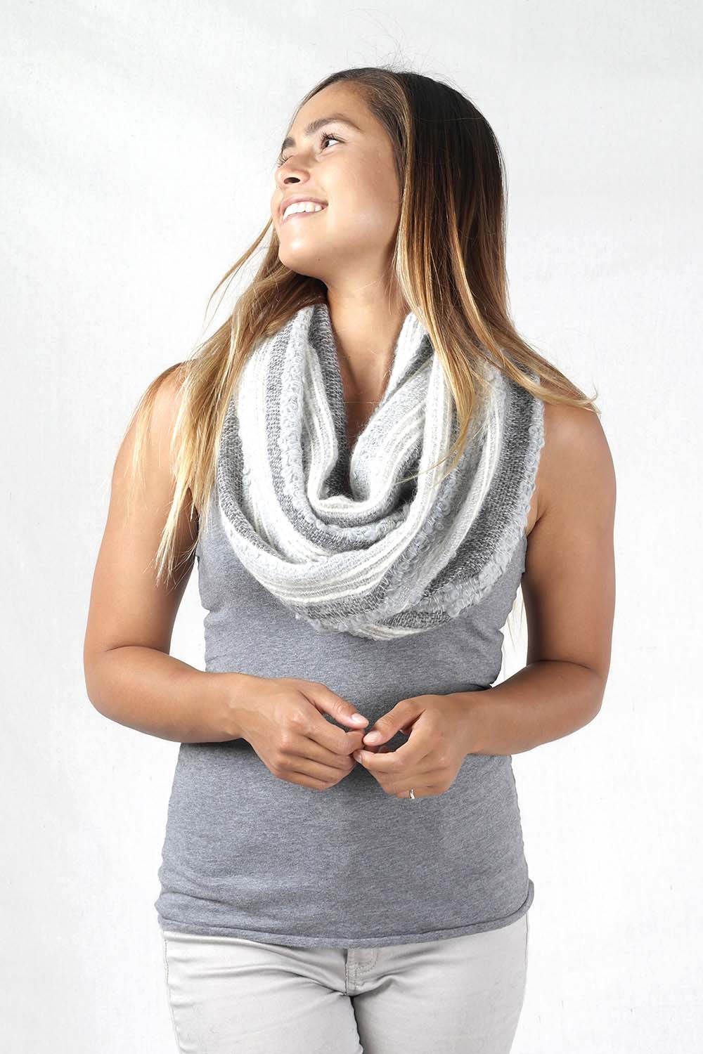 Charcoal alpaca infinity scarf in Monochrome with dove grey and white bouclé, Shupaca