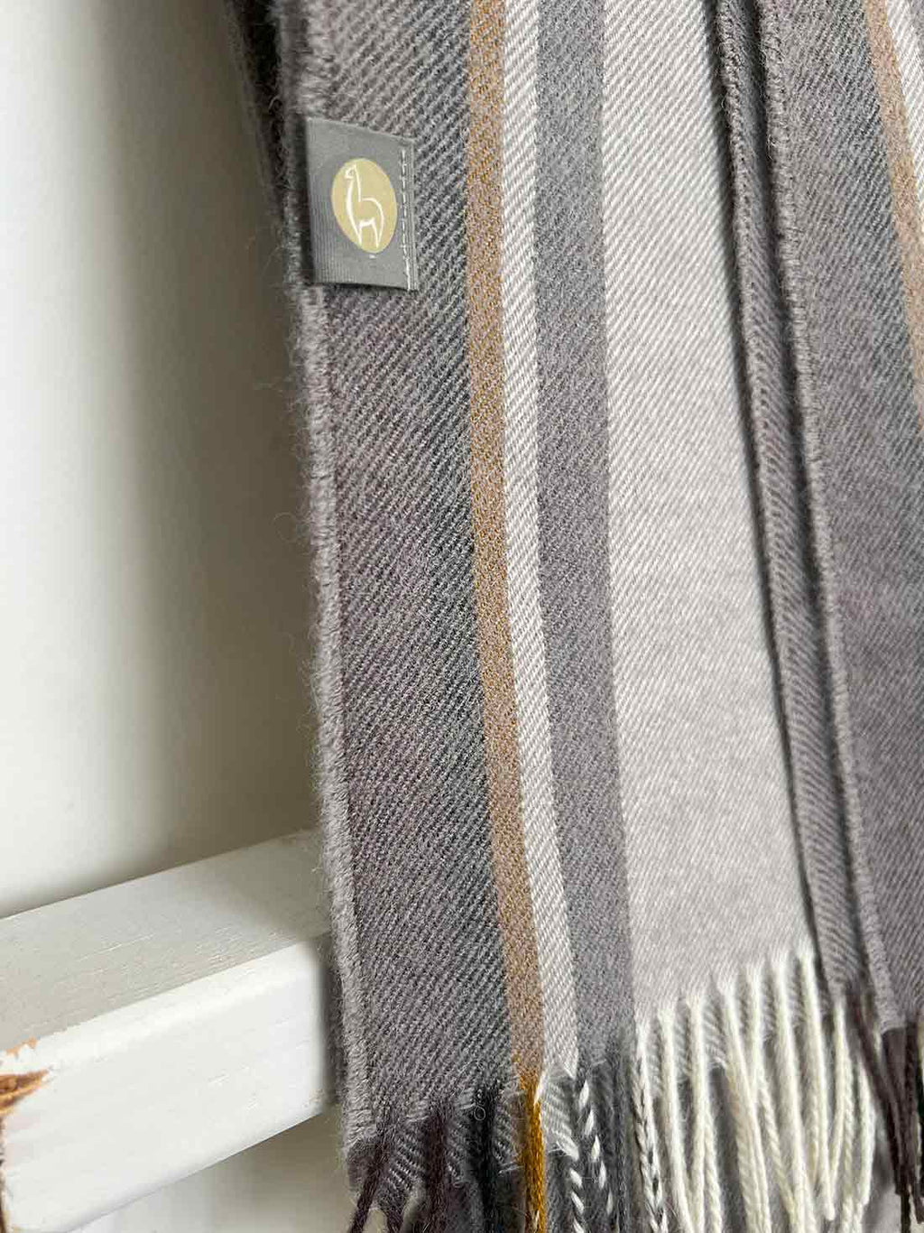 Gray 100% baby alpaca scarf in Dove Tail with soft stone and sand tones, Shupaca