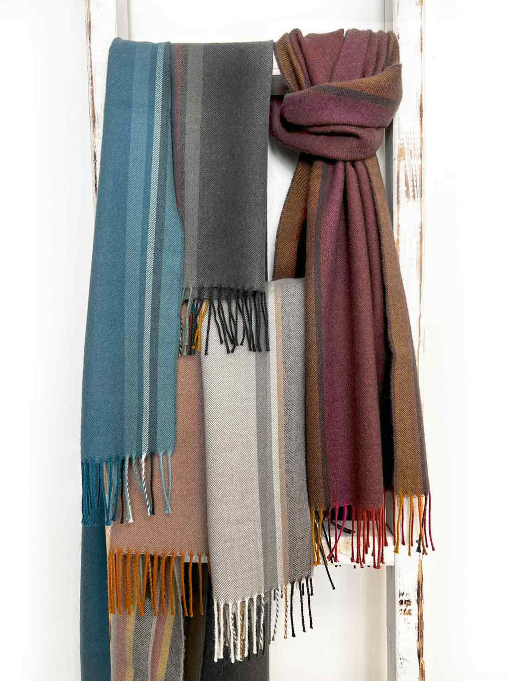 Gray 100% baby alpaca scarf in Dove Tail with soft stone and sand tones, Shupaca