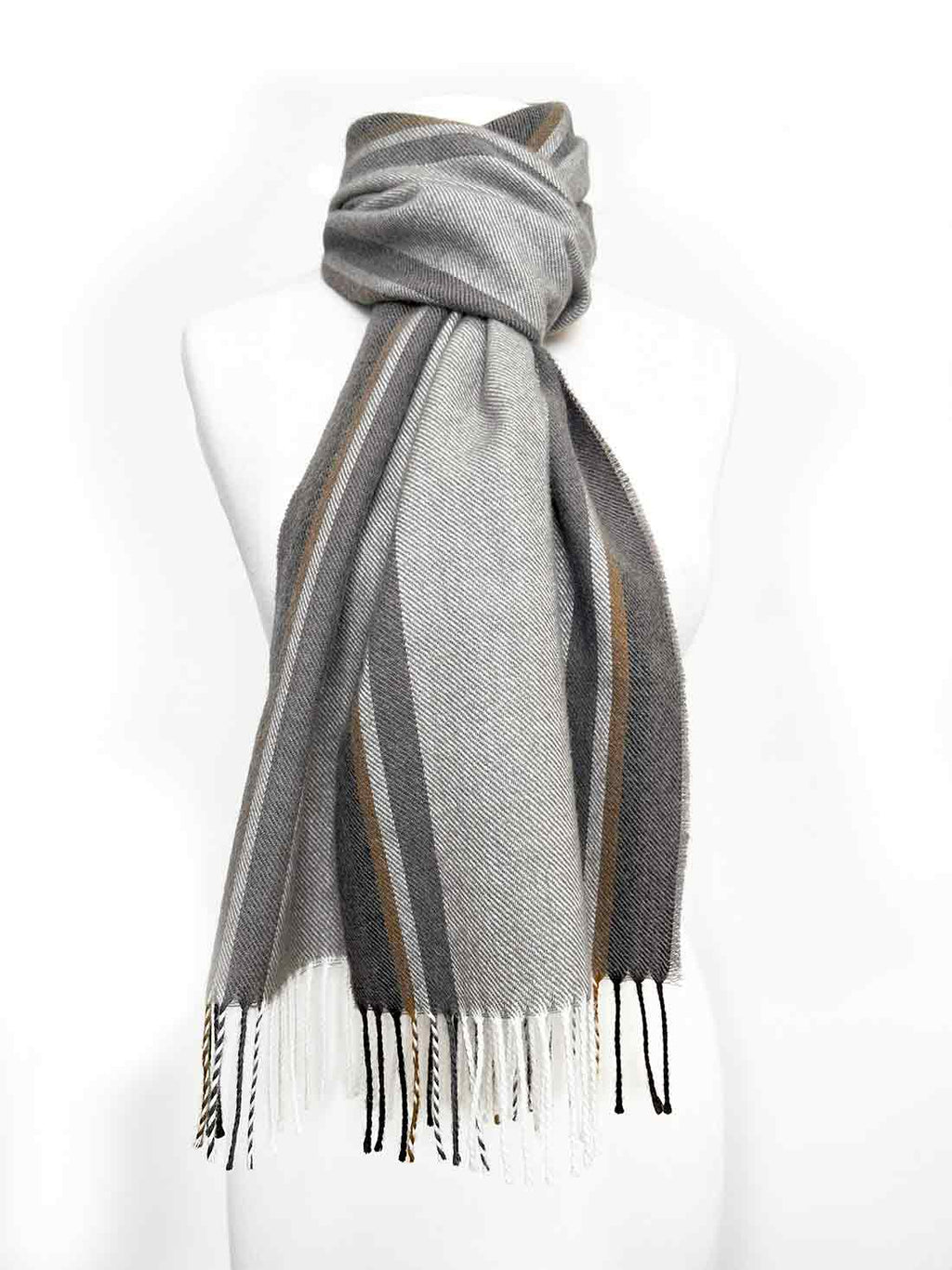 Gray 100% baby alpaca scarf in Dove Tail with soft stone and sand tones, Shupaca