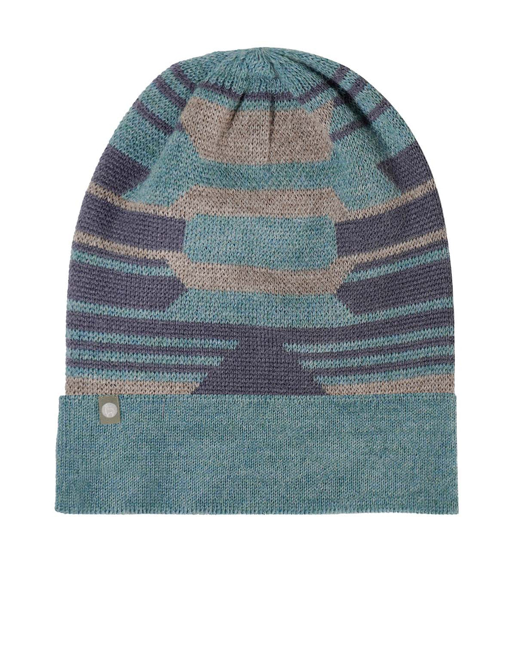 Jade Stone alpaca beanie with Incan pattern in green and grey, Shupaca
