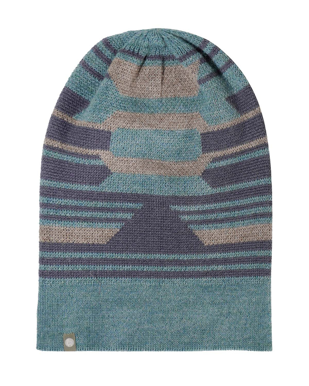 Jade Stone alpaca beanie with Incan pattern in green and grey, Shupaca
