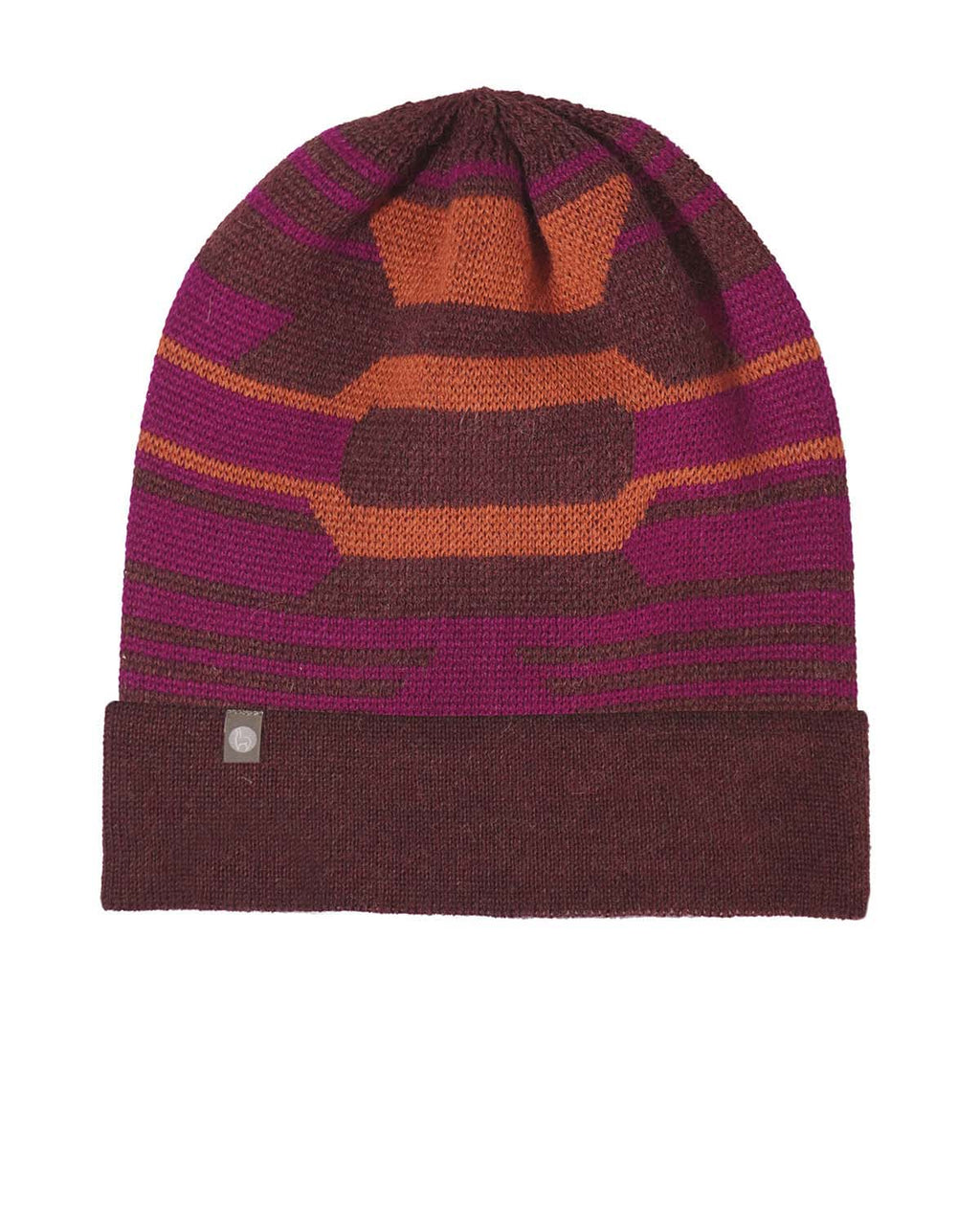 Sunrise alpaca beanie with Incan-inspired warm-tone pattern, Shupaca