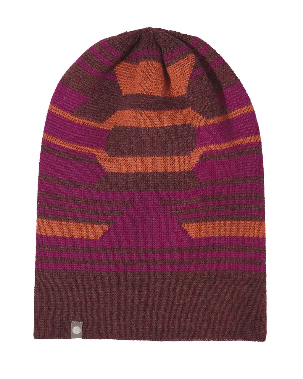 Sunrise alpaca beanie with Incan-inspired warm-tone pattern, Shupaca
