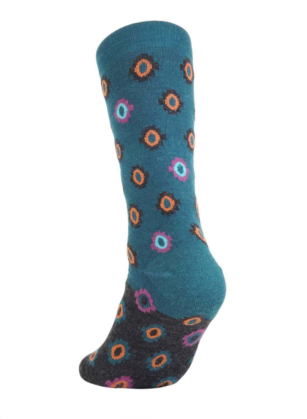 Teal alpaca socks in Amethyst with orange and violet geometric accents, Shupaca