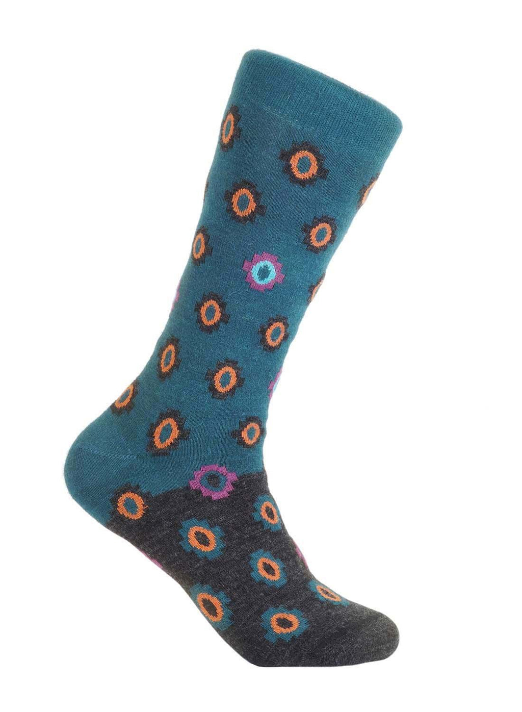 Teal alpaca socks in Amethyst with orange and violet geometric accents, Shupaca