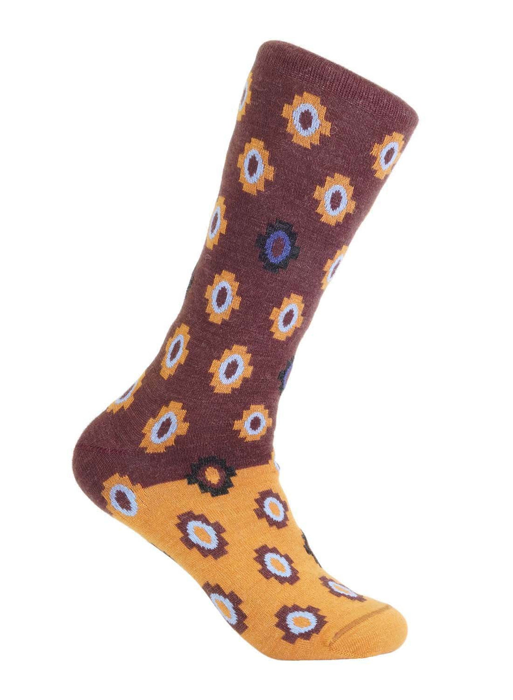 Golden alpaca socks in Boysenberry with mustard and sky accents, Shupaca