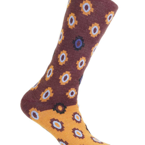 Golden alpaca socks in Boysenberry with mustard and sky accents, Shupaca