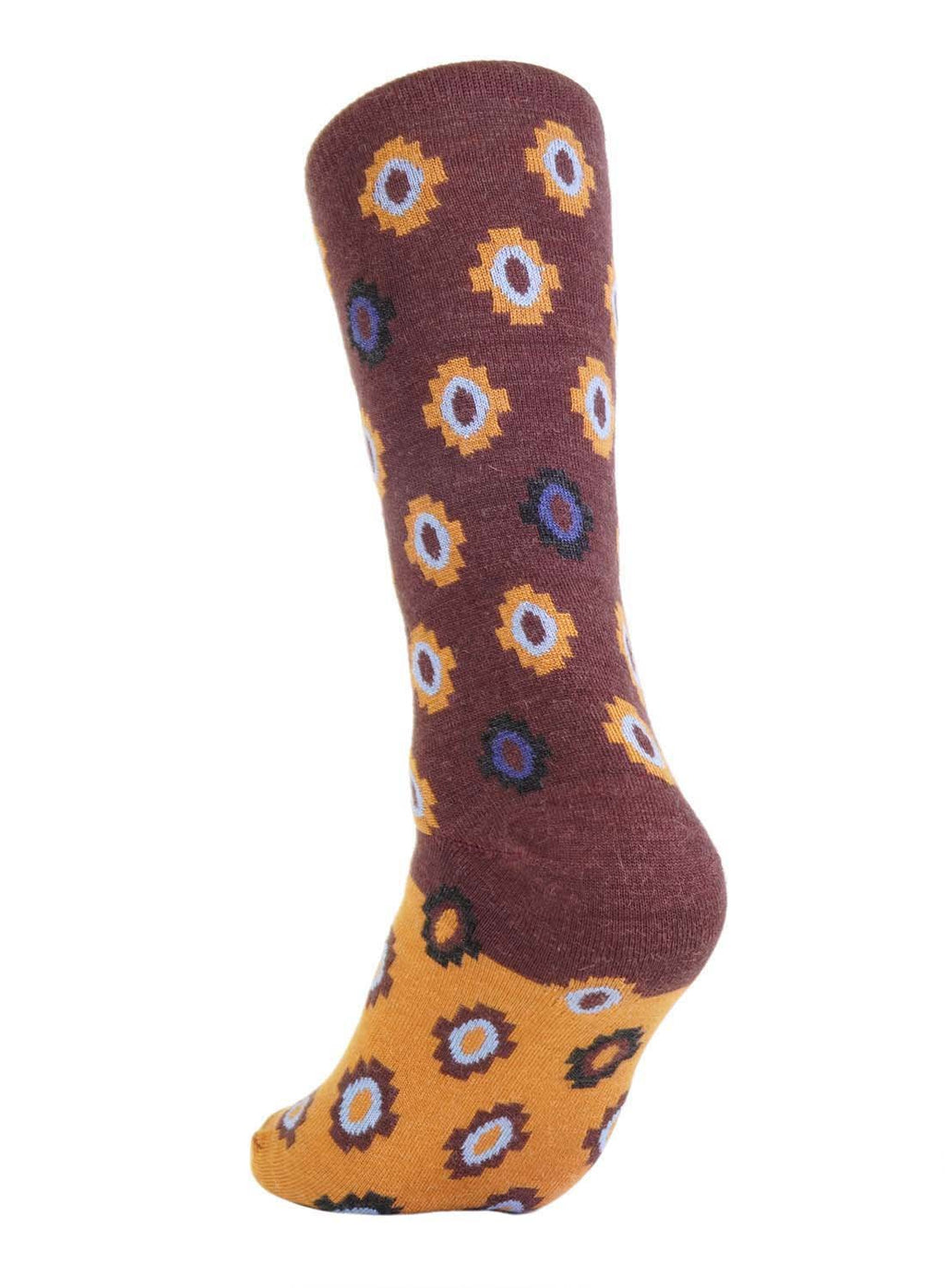 Golden alpaca socks in Boysenberry with mustard and sky accents, Shupaca
