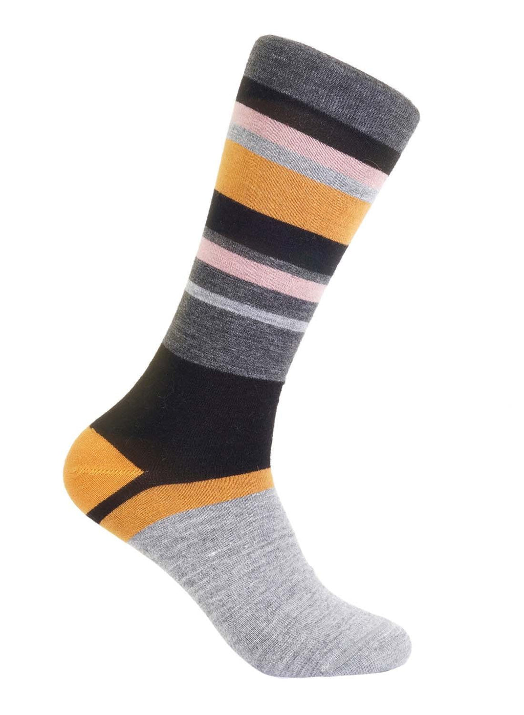 Gold alpaca socks in Espresso with blush pink and jet black stripes, Shupaca