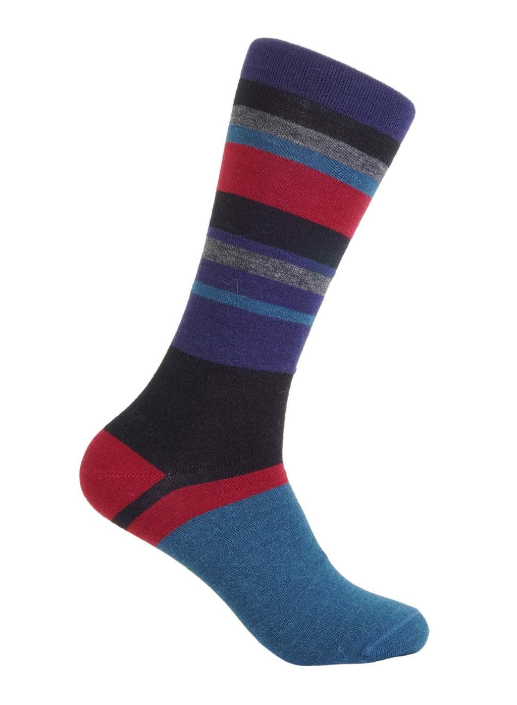 Merlot alpaca socks with vibrant red and cobalt stripes, Shupaca