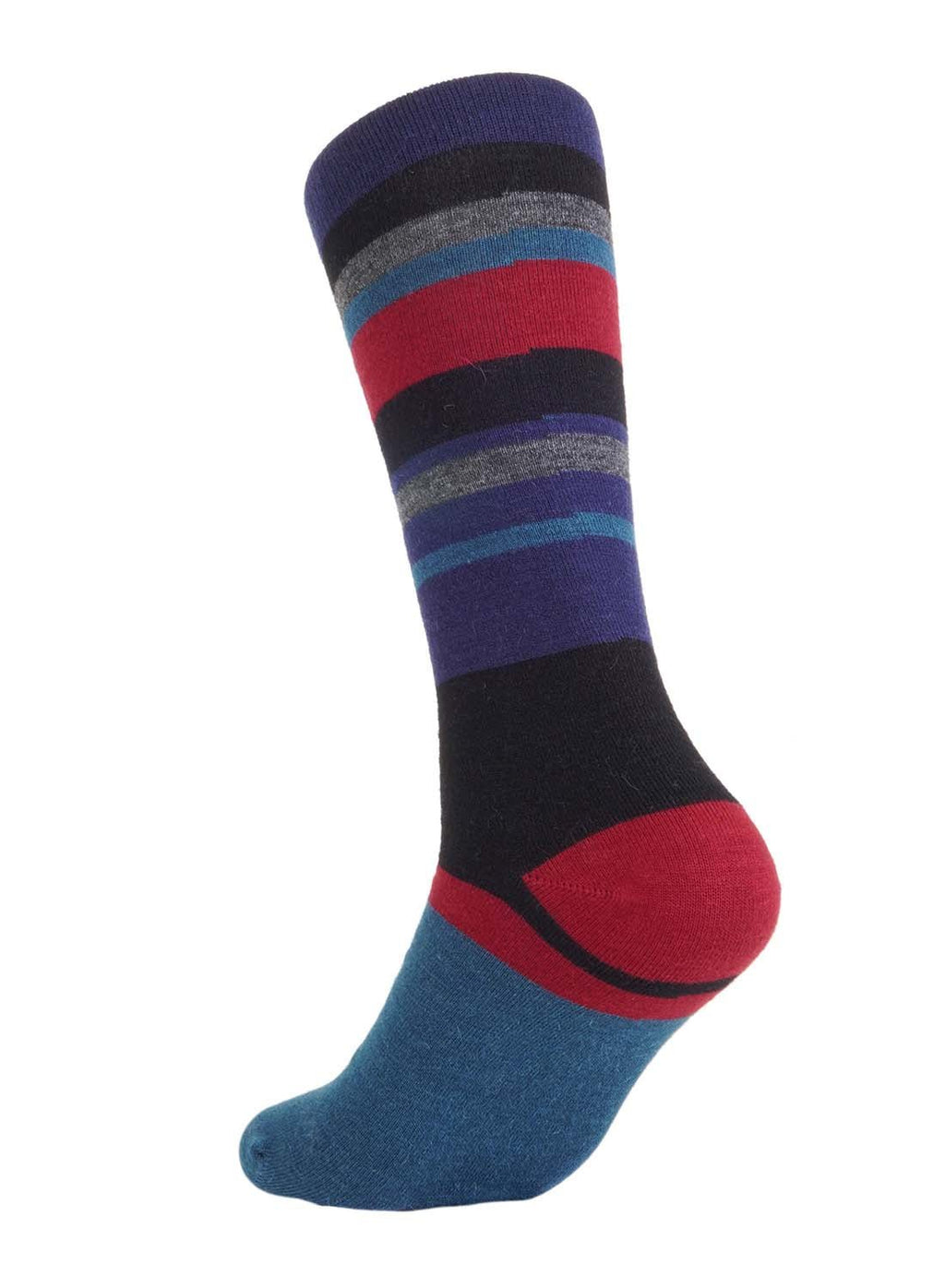 Merlot alpaca socks with vibrant red and cobalt stripes, Shupaca