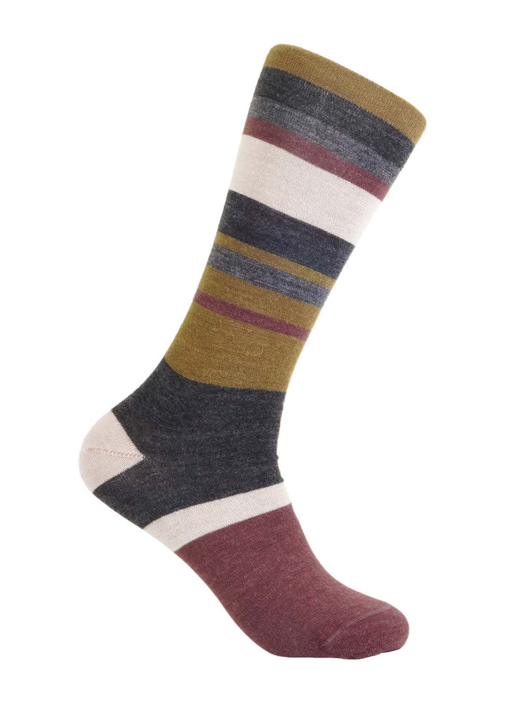 Plum alpaca socks with olive gold and cream stripes, Shupaca