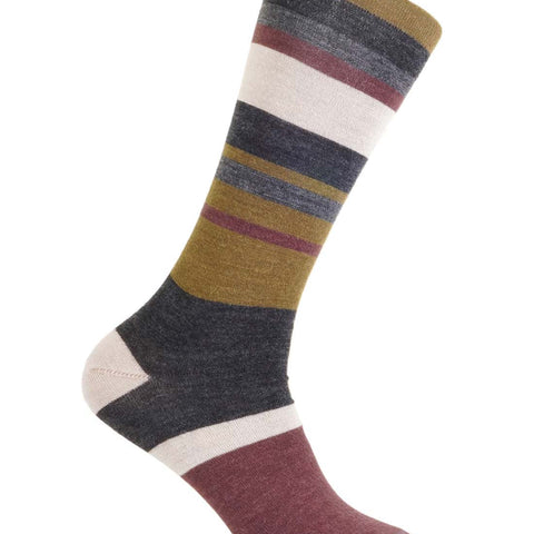 Plum alpaca socks with olive gold and cream stripes, Shupaca