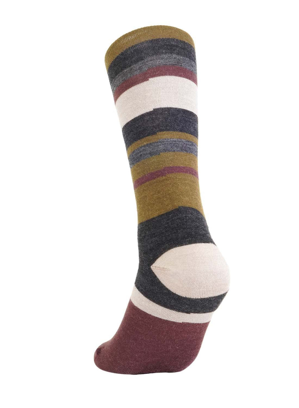 Plum alpaca socks with olive gold and cream stripes, Shupaca